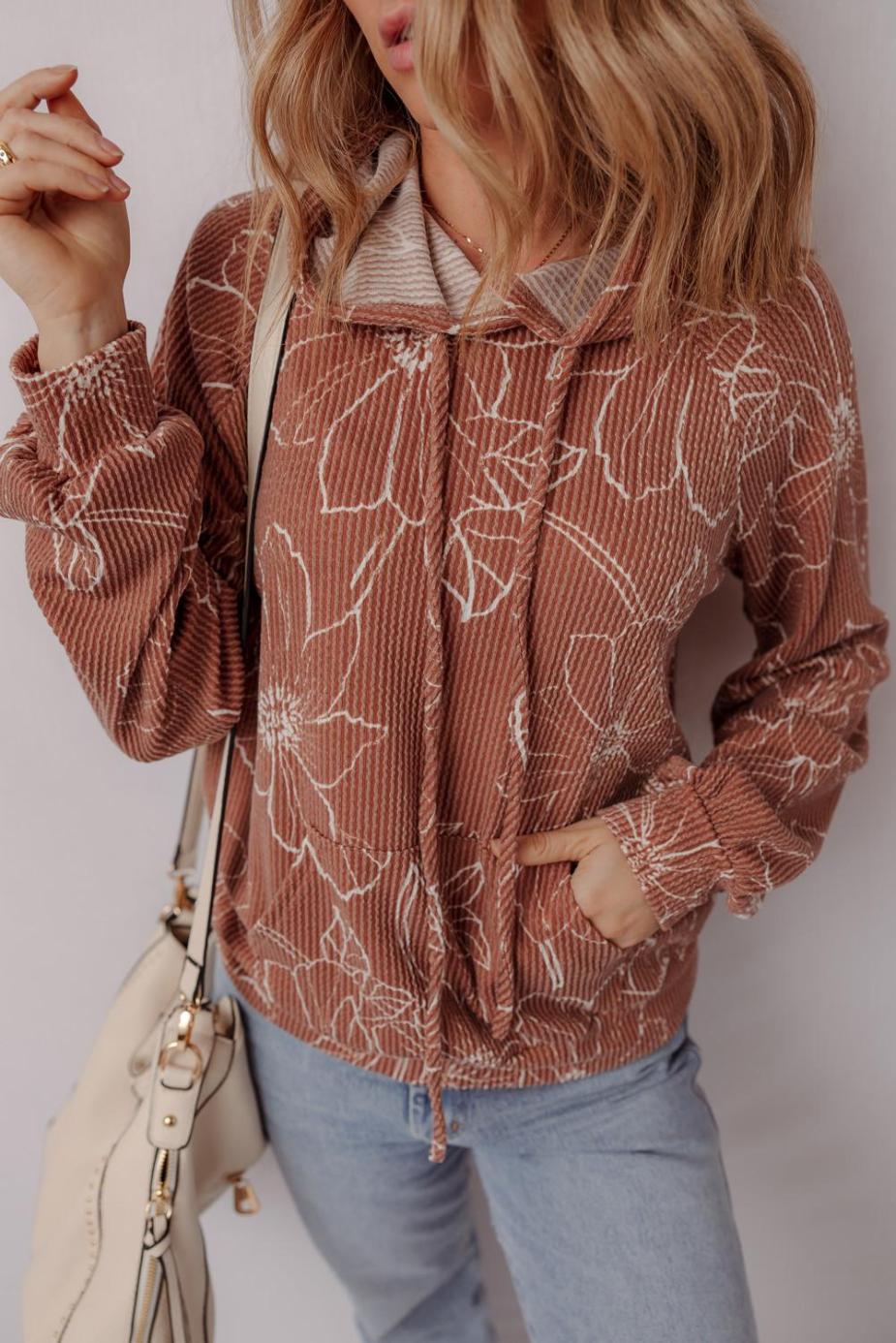 Long Sleeve Tops | Brown Floral Twisted Rib Drawstring Kangaroo Pocket Hooded Top - Women