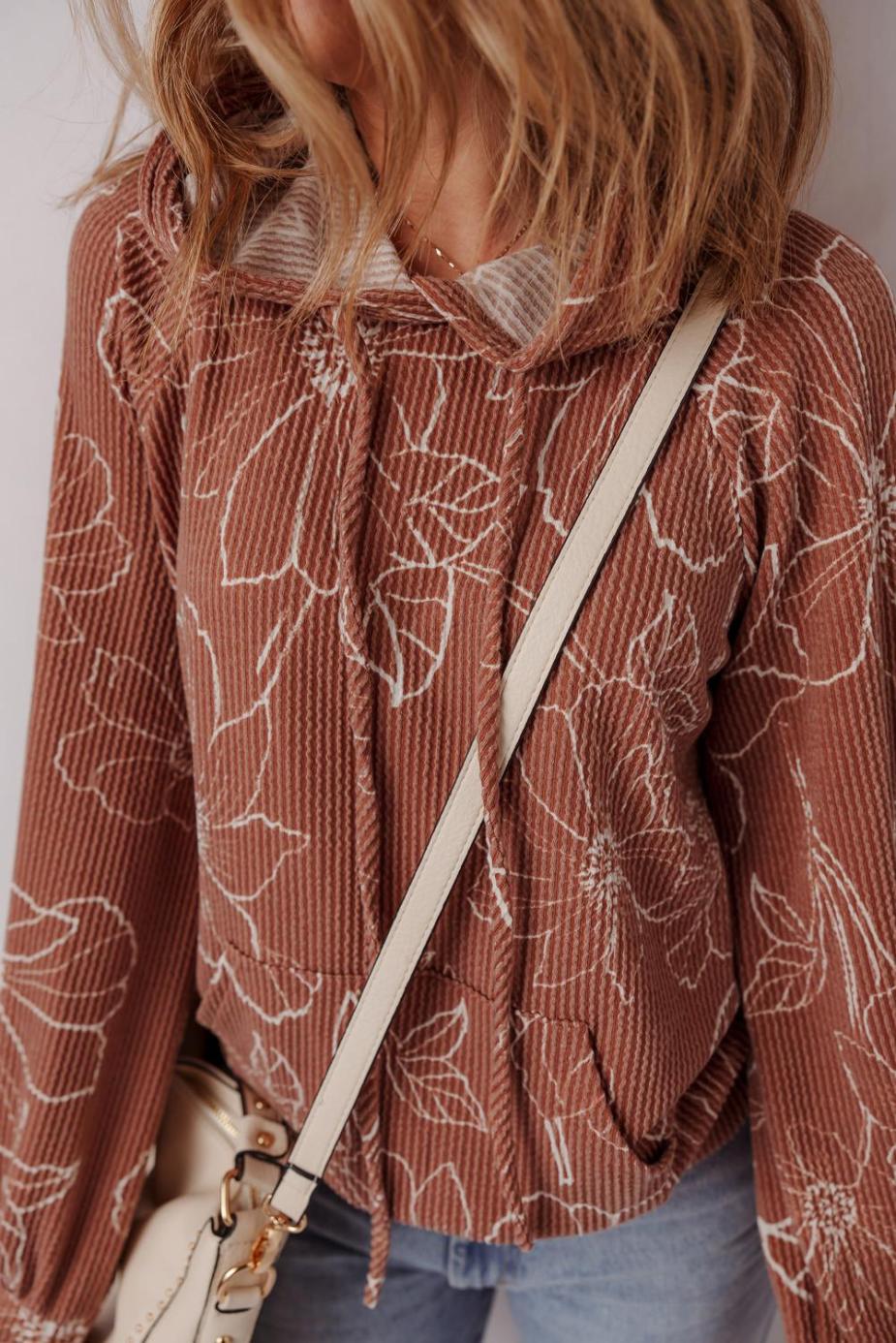 Long Sleeve Tops | Brown Floral Twisted Rib Drawstring Kangaroo Pocket Hooded Top - Women