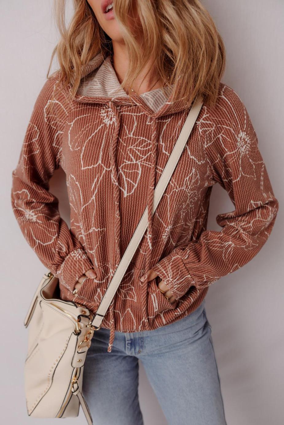 Long Sleeve Tops | Brown Floral Twisted Rib Drawstring Kangaroo Pocket Hooded Top - Women