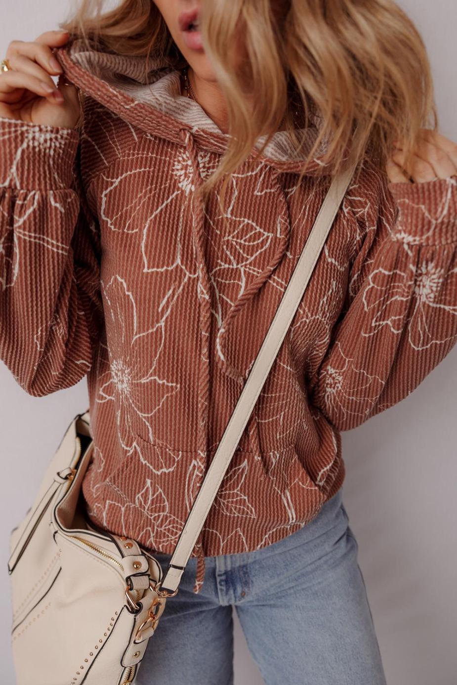 Long Sleeve Tops | Brown Floral Twisted Rib Drawstring Kangaroo Pocket Hooded Top - Women