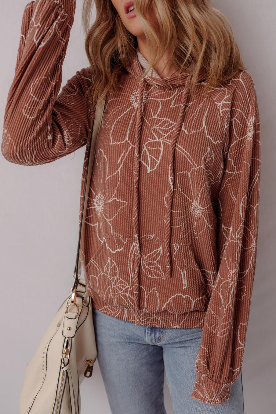 Long Sleeve Tops | Brown Floral Twisted Rib Drawstring Kangaroo Pocket Hooded Top - Women