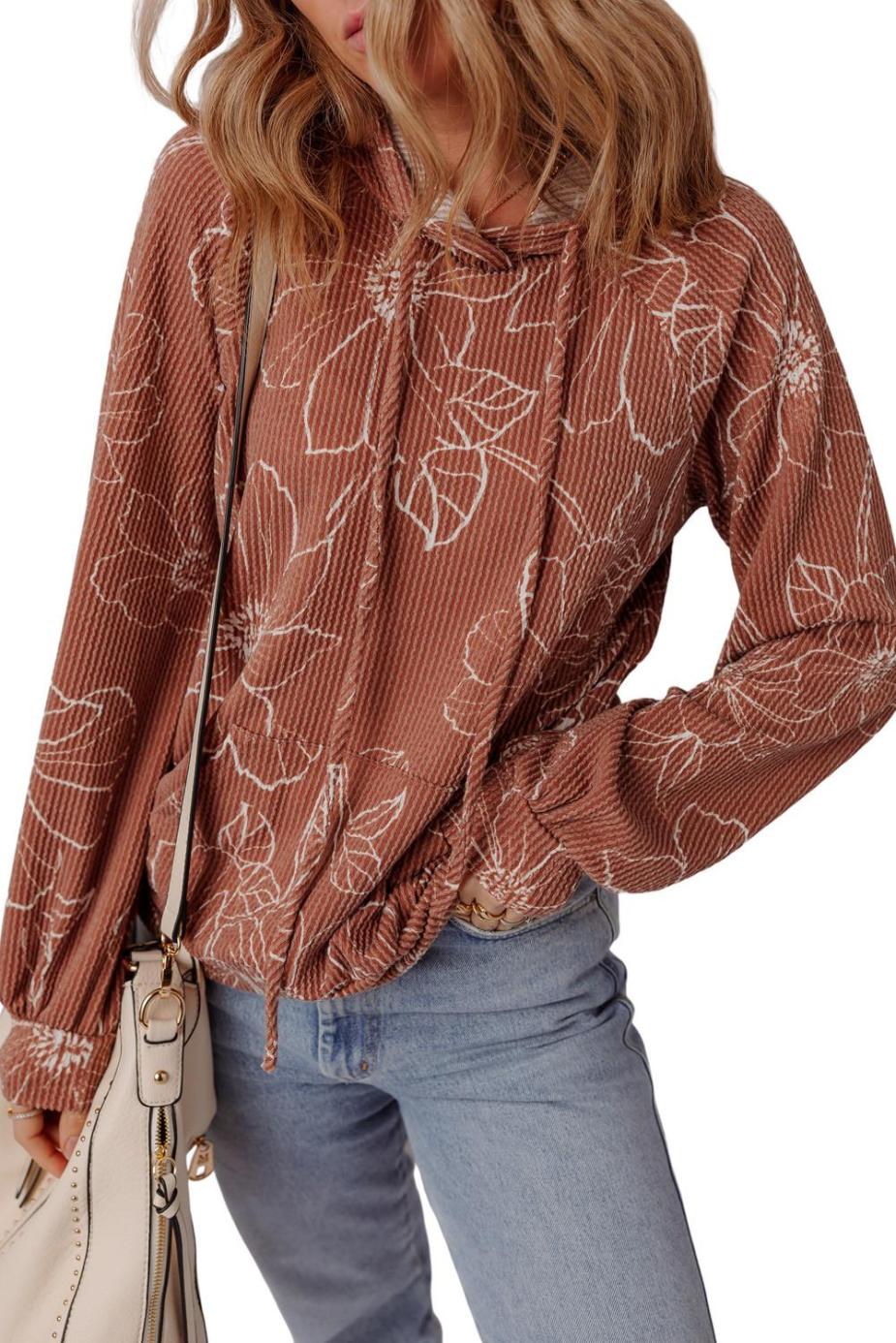 Long Sleeve Tops | Brown Floral Twisted Rib Drawstring Kangaroo Pocket Hooded Top - Women