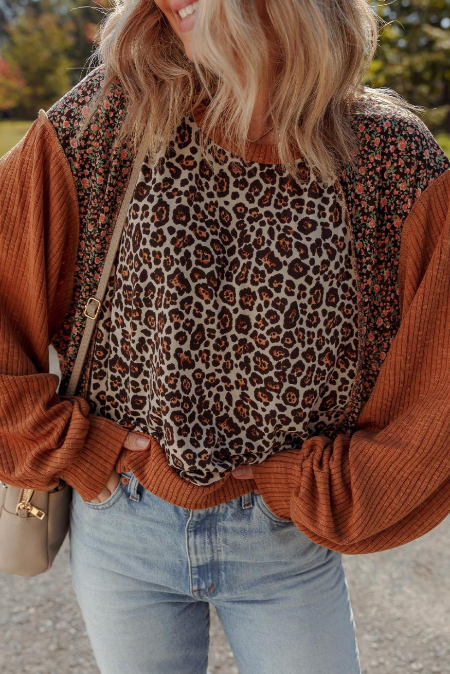 Long Sleeve Tops | Brown Leopard Floral Print Ribbed Patchwork Puff Sleeve Loose Pullover - Women