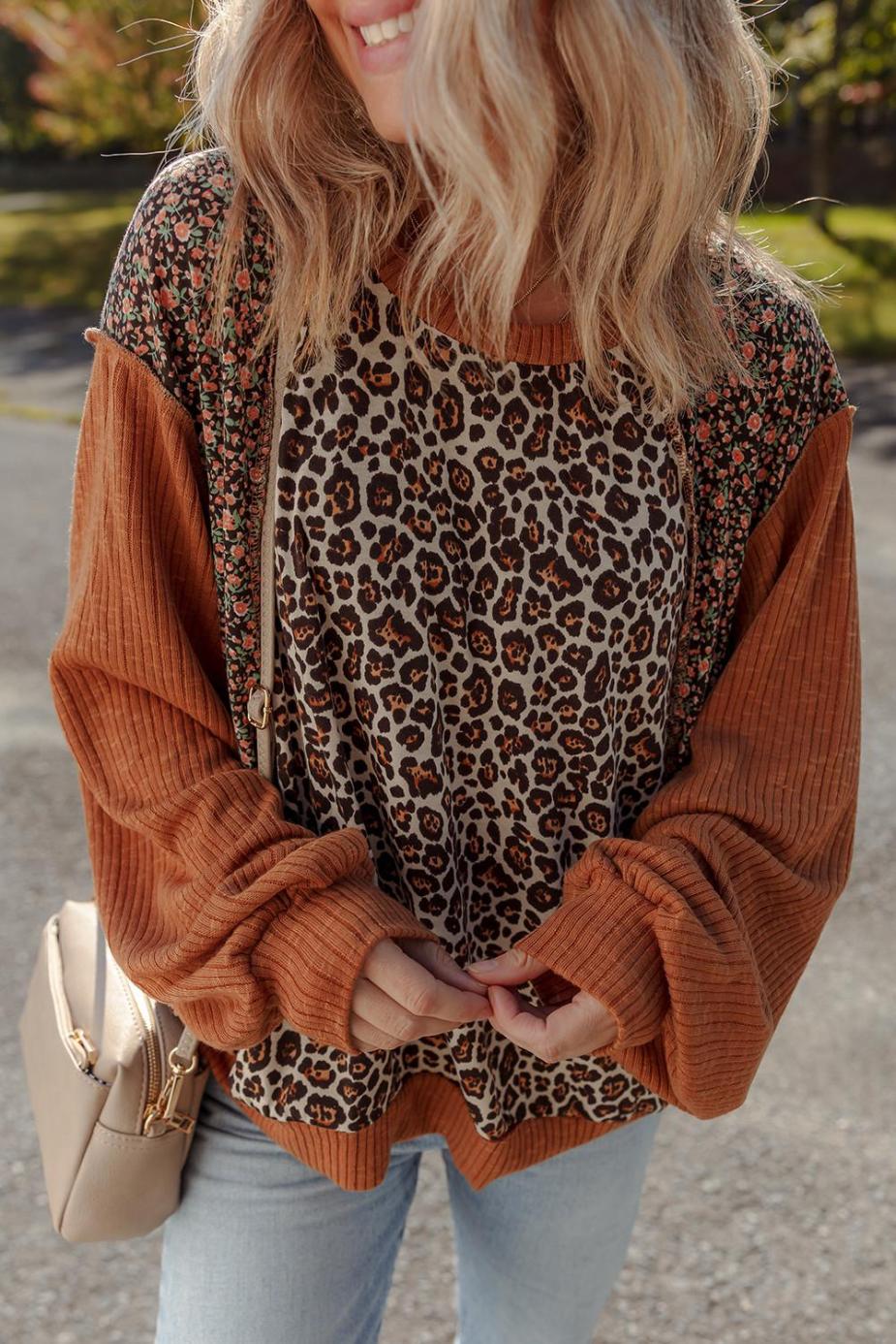 Long Sleeve Tops | Brown Leopard Floral Print Ribbed Patchwork Puff Sleeve Loose Pullover - Women