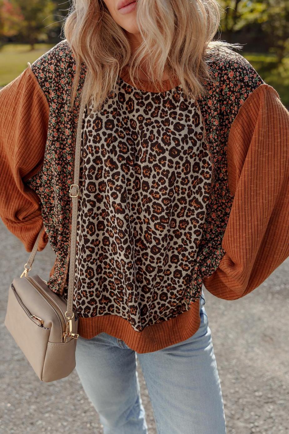 Long Sleeve Tops | Brown Leopard Floral Print Ribbed Patchwork Puff Sleeve Loose Pullover - Women
