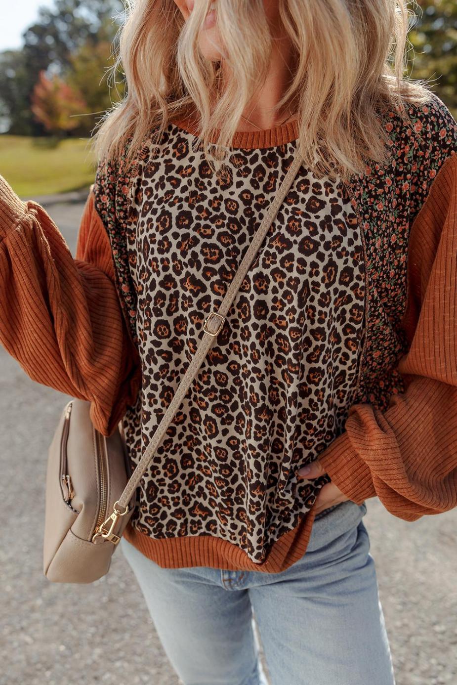 Long Sleeve Tops | Brown Leopard Floral Print Ribbed Patchwork Puff Sleeve Loose Pullover - Women