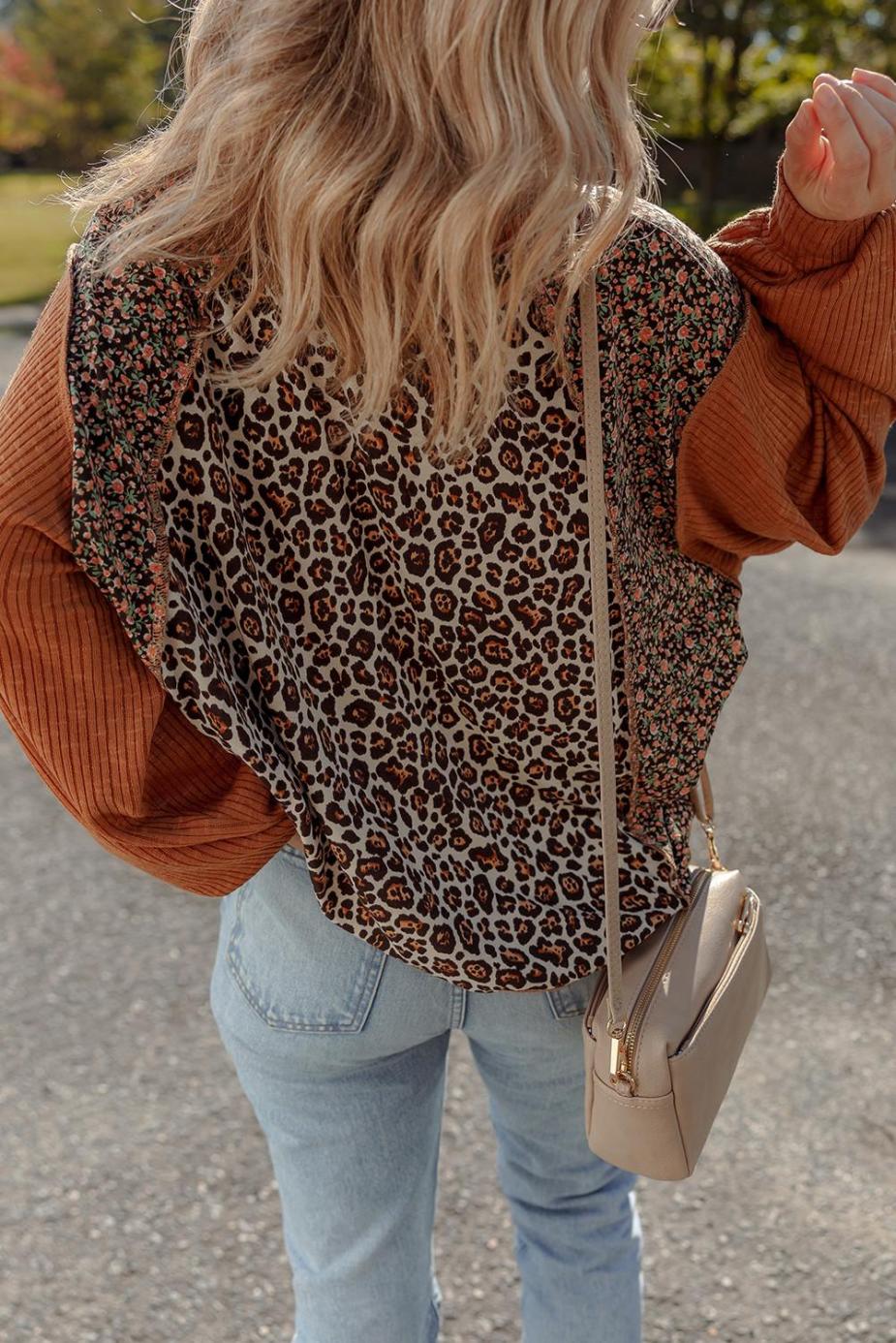 Long Sleeve Tops | Brown Leopard Floral Print Ribbed Patchwork Puff Sleeve Loose Pullover - Women