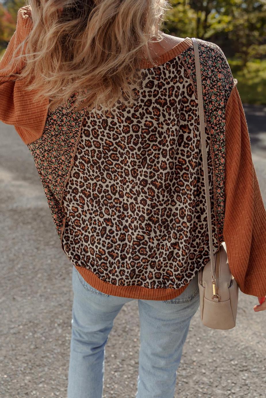 Long Sleeve Tops | Brown Leopard Floral Print Ribbed Patchwork Puff Sleeve Loose Pullover - Women