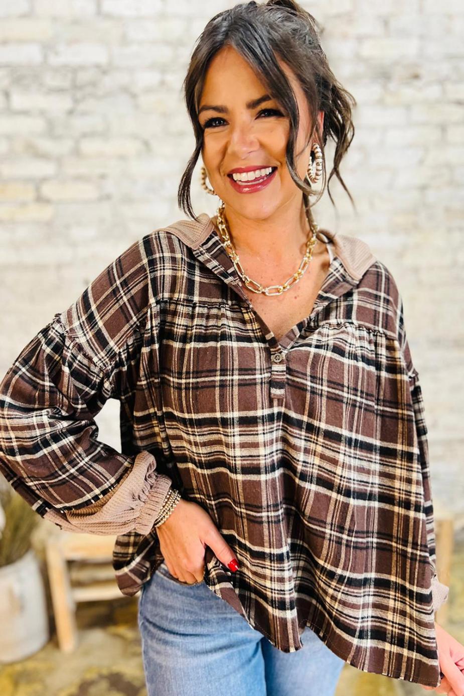 Long Sleeve Tops | Brown Plaid Waffle Patchwork Long Sleeve Henley Hooded Top - Women