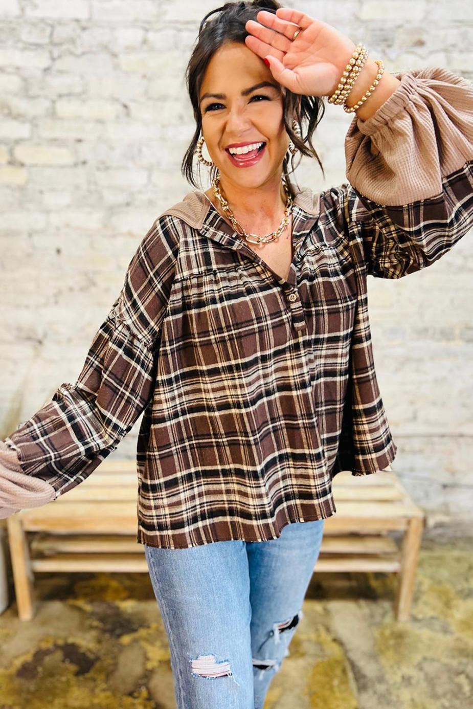 Long Sleeve Tops | Brown Plaid Waffle Patchwork Long Sleeve Henley Hooded Top - Women