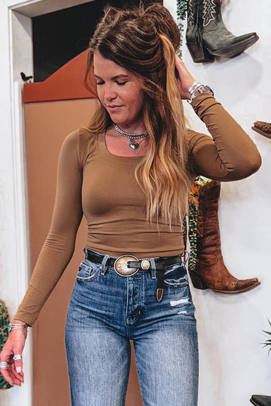 Long Sleeve Tops | Chestnut Solid Color Long Sleeve Slim Fit Top - Women