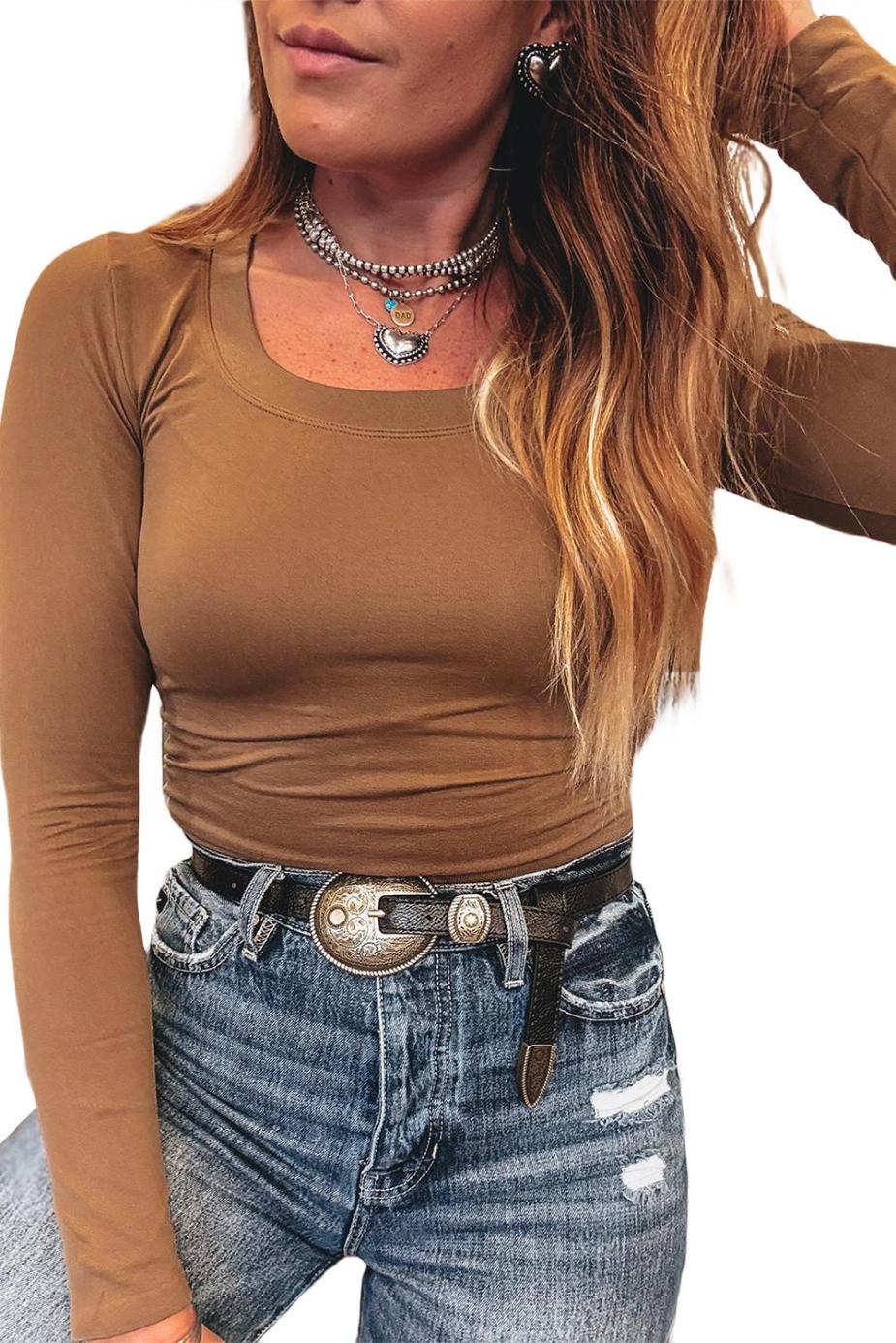 Long Sleeve Tops | Chestnut Solid Color Long Sleeve Slim Fit Top - Women