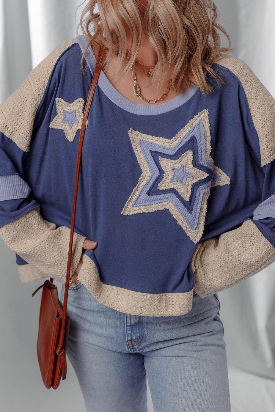 Long Sleeve Tops | Dark Blue Knitted Colorblock Patchwork Star Patched Long Sleeve Top - Women