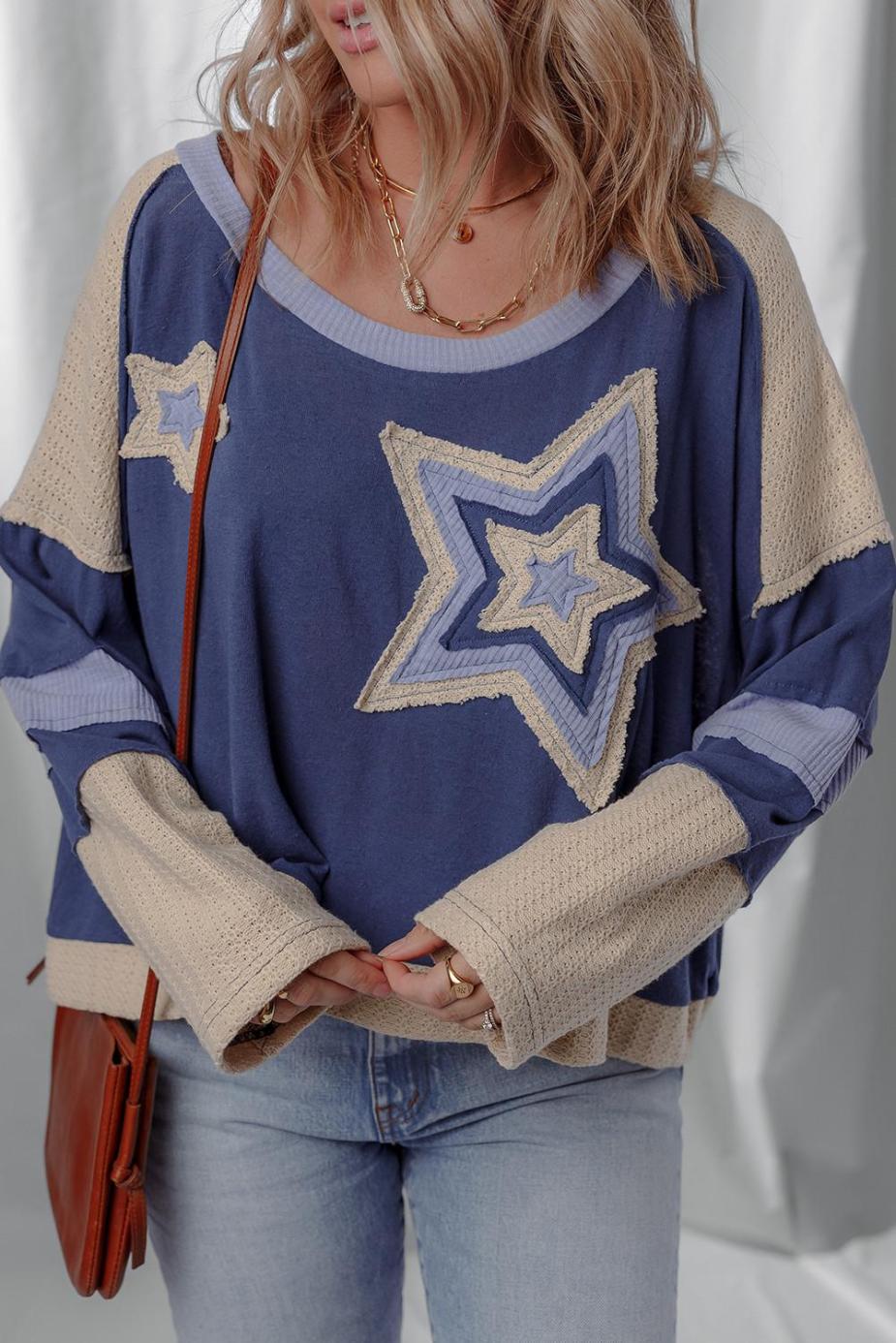 Long Sleeve Tops | Dark Blue Knitted Colorblock Patchwork Star Patched Long Sleeve Top - Women