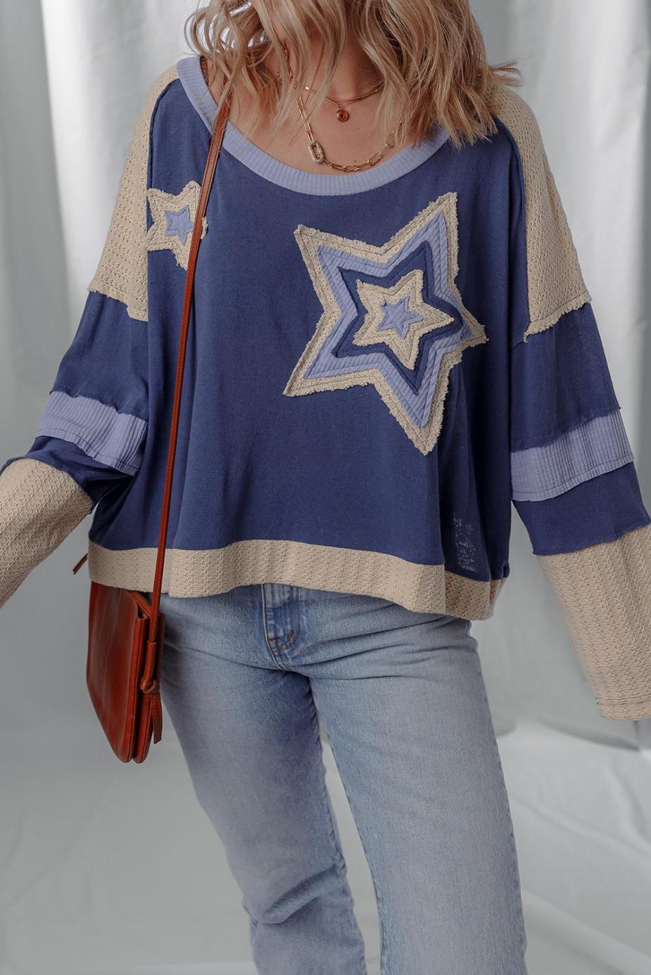 Long Sleeve Tops | Dark Blue Knitted Colorblock Patchwork Star Patched Long Sleeve Top - Women