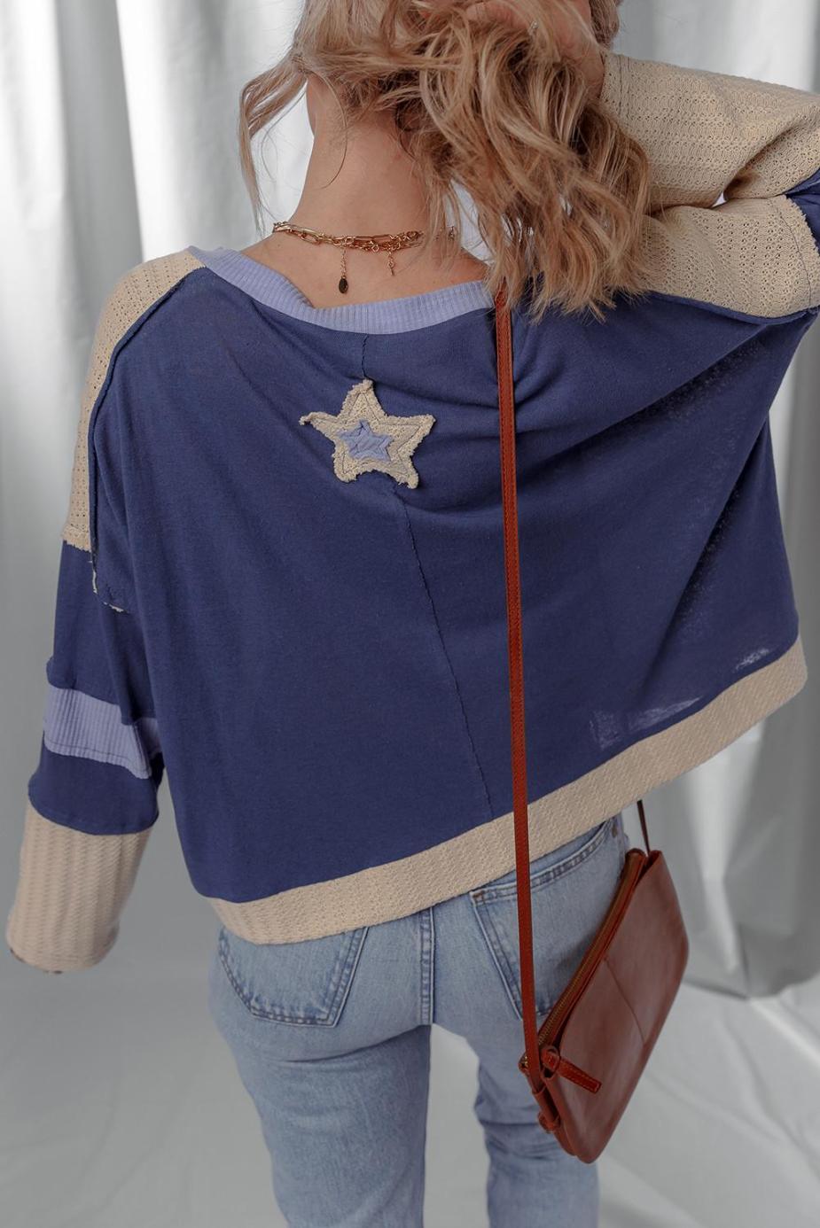 Long Sleeve Tops | Dark Blue Knitted Colorblock Patchwork Star Patched Long Sleeve Top - Women
