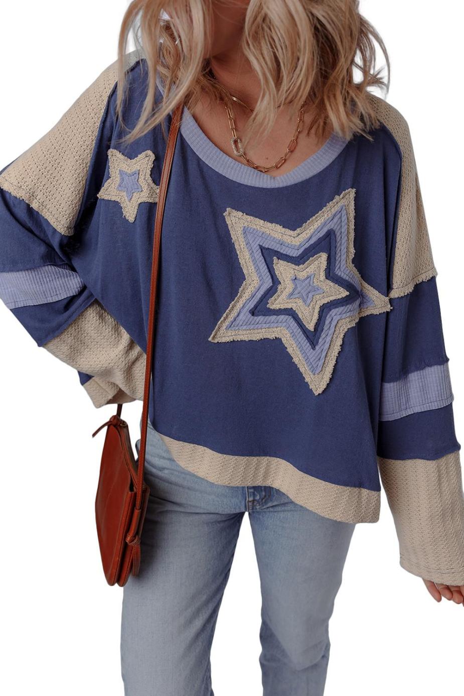 Long Sleeve Tops | Dark Blue Knitted Colorblock Patchwork Star Patched Long Sleeve Top - Women