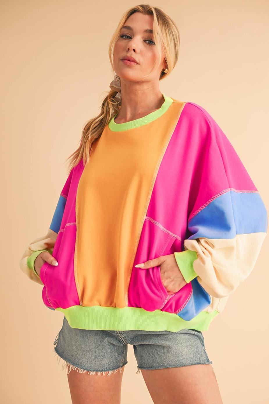 Long Sleeve Tops | Grapefruit Orange Colorblock Patchwork Drop Shoulder Top - Women