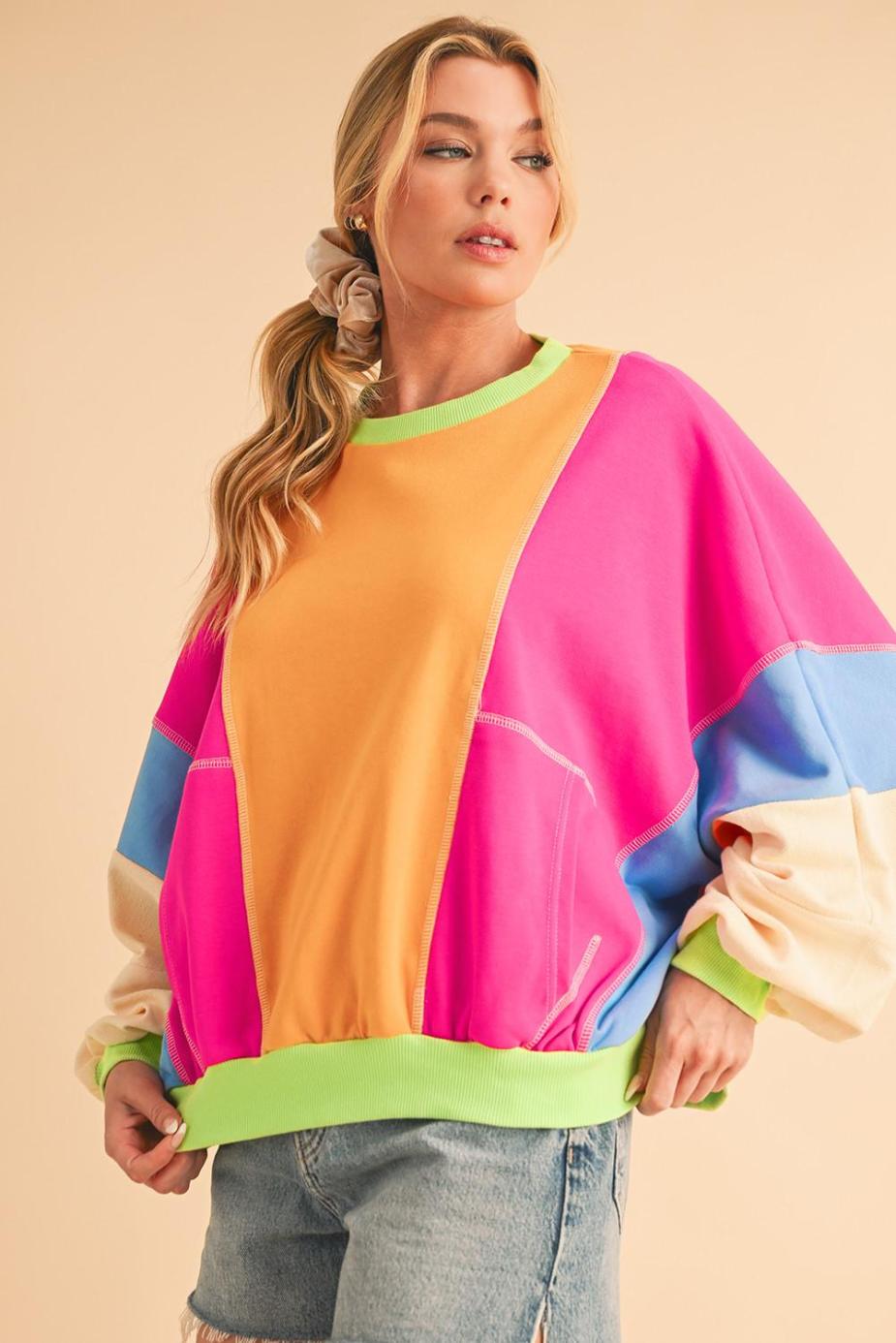 Long Sleeve Tops | Grapefruit Orange Colorblock Patchwork Drop Shoulder Top - Women