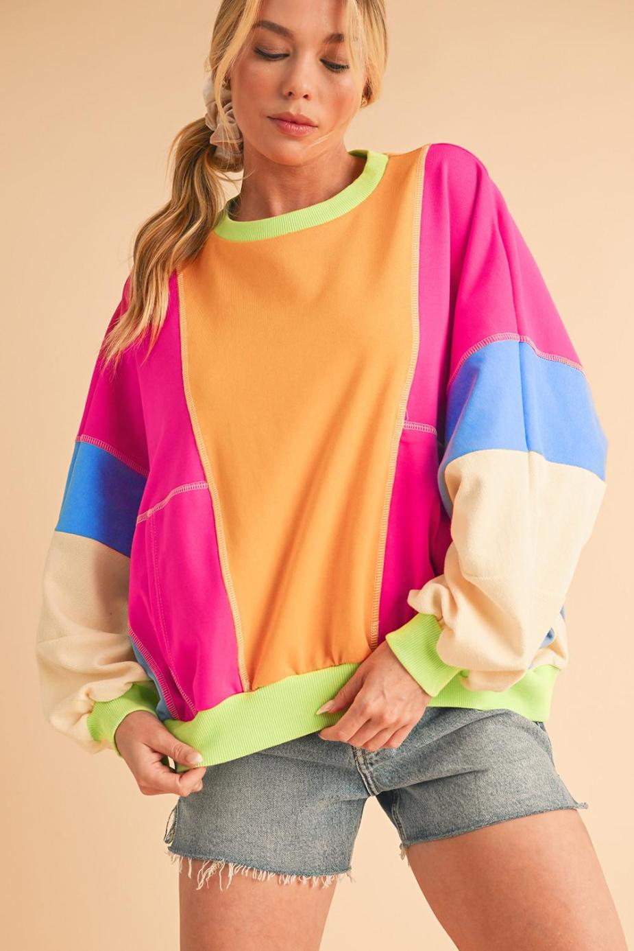 Long Sleeve Tops | Grapefruit Orange Colorblock Patchwork Drop Shoulder Top - Women
