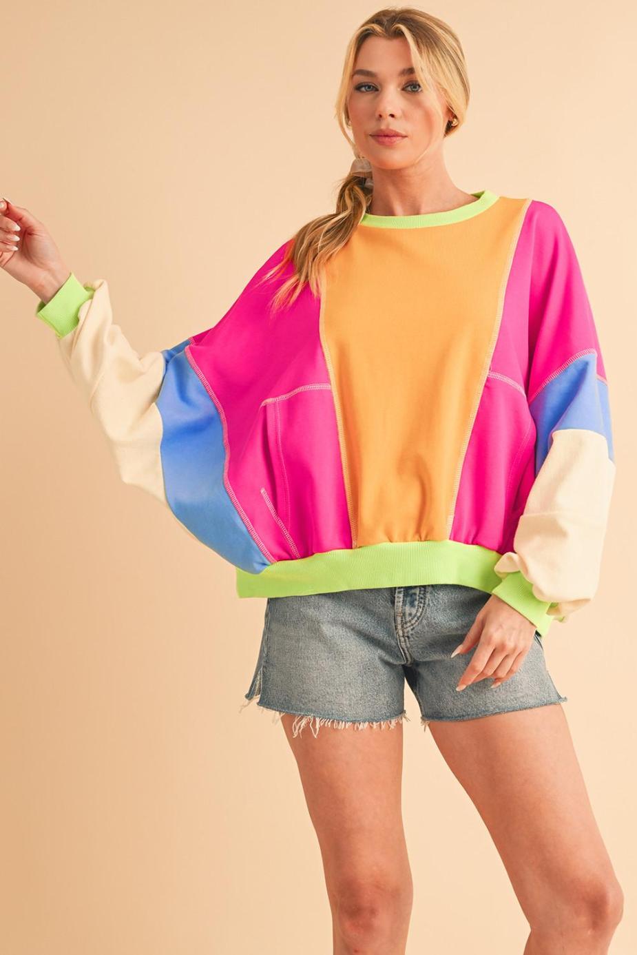 Long Sleeve Tops | Grapefruit Orange Colorblock Patchwork Drop Shoulder Top - Women
