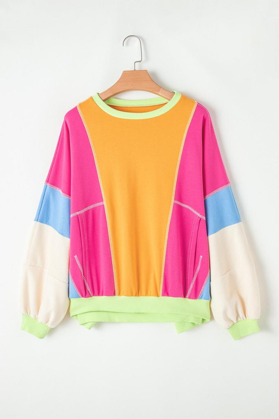 Long Sleeve Tops | Grapefruit Orange Colorblock Patchwork Drop Shoulder Top - Women