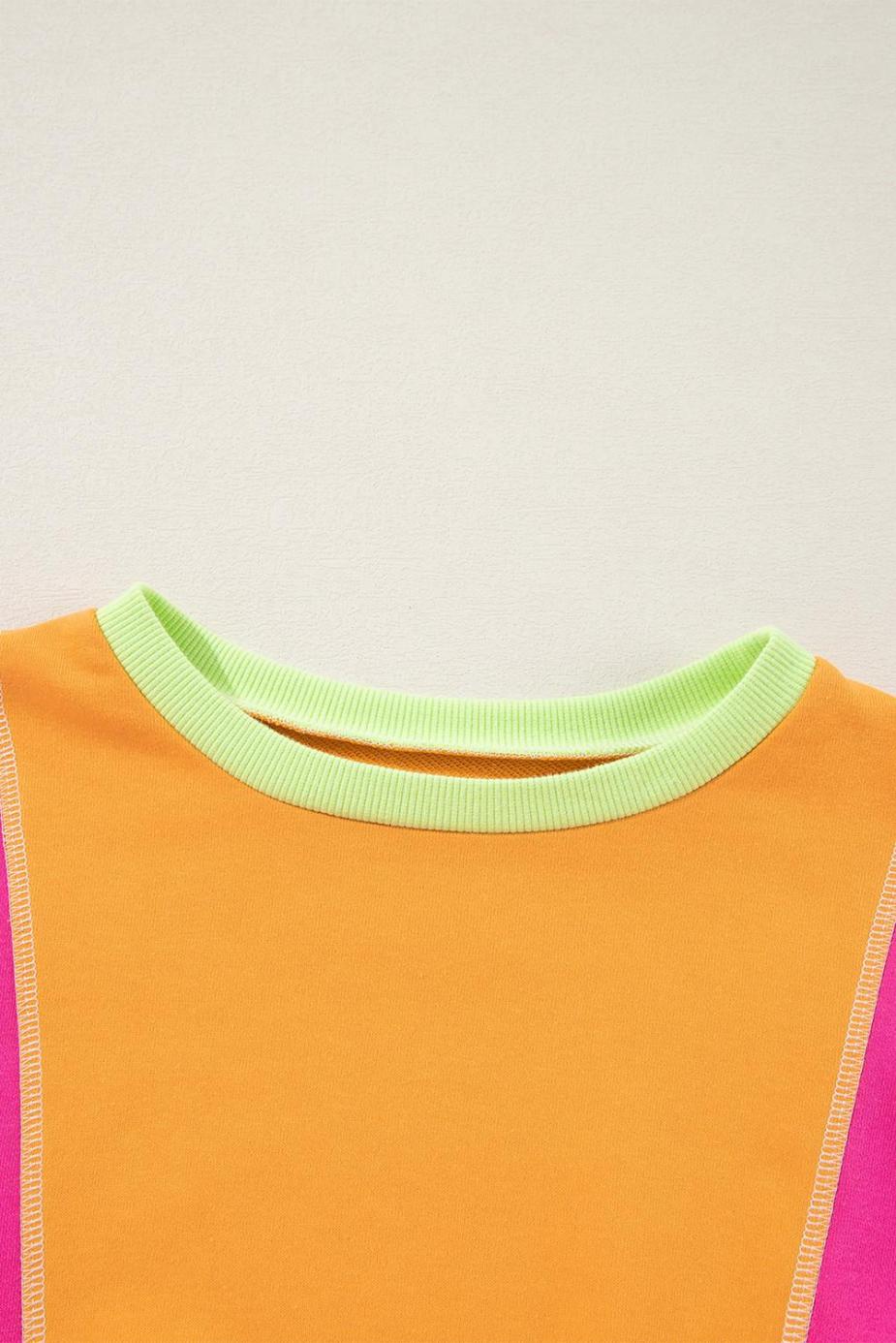 Long Sleeve Tops | Grapefruit Orange Colorblock Patchwork Drop Shoulder Top - Women