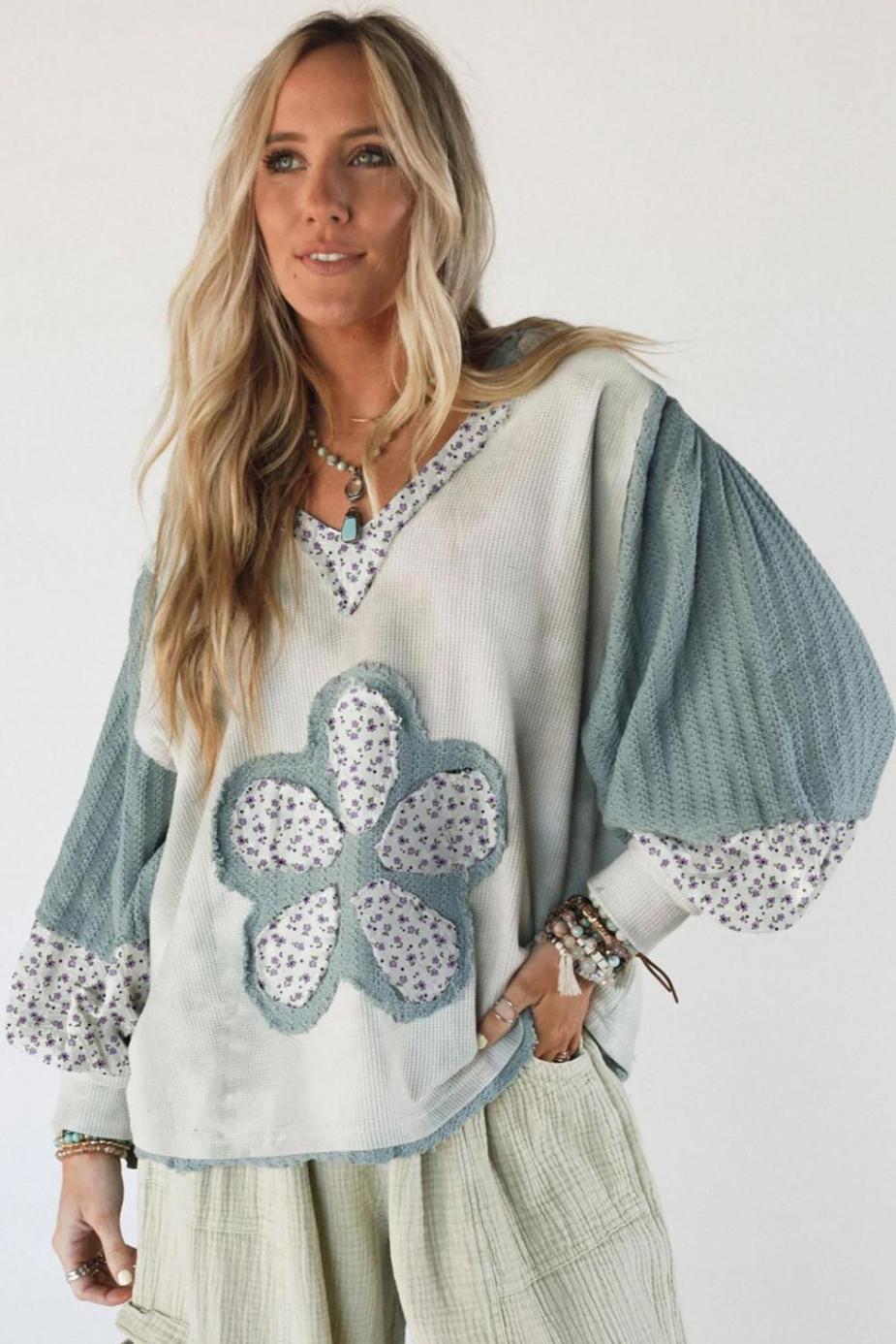 Long Sleeve Tops | Green Floral Textured Colorblock Patchwork Lantern Sleeve Hooded Top - Women