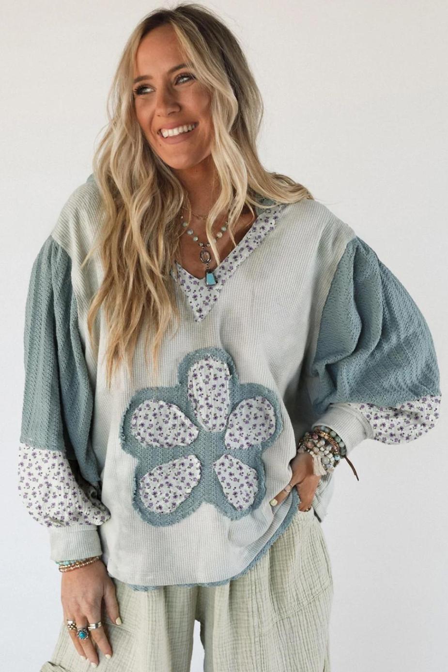 Long Sleeve Tops | Green Floral Textured Colorblock Patchwork Lantern Sleeve Hooded Top - Women
