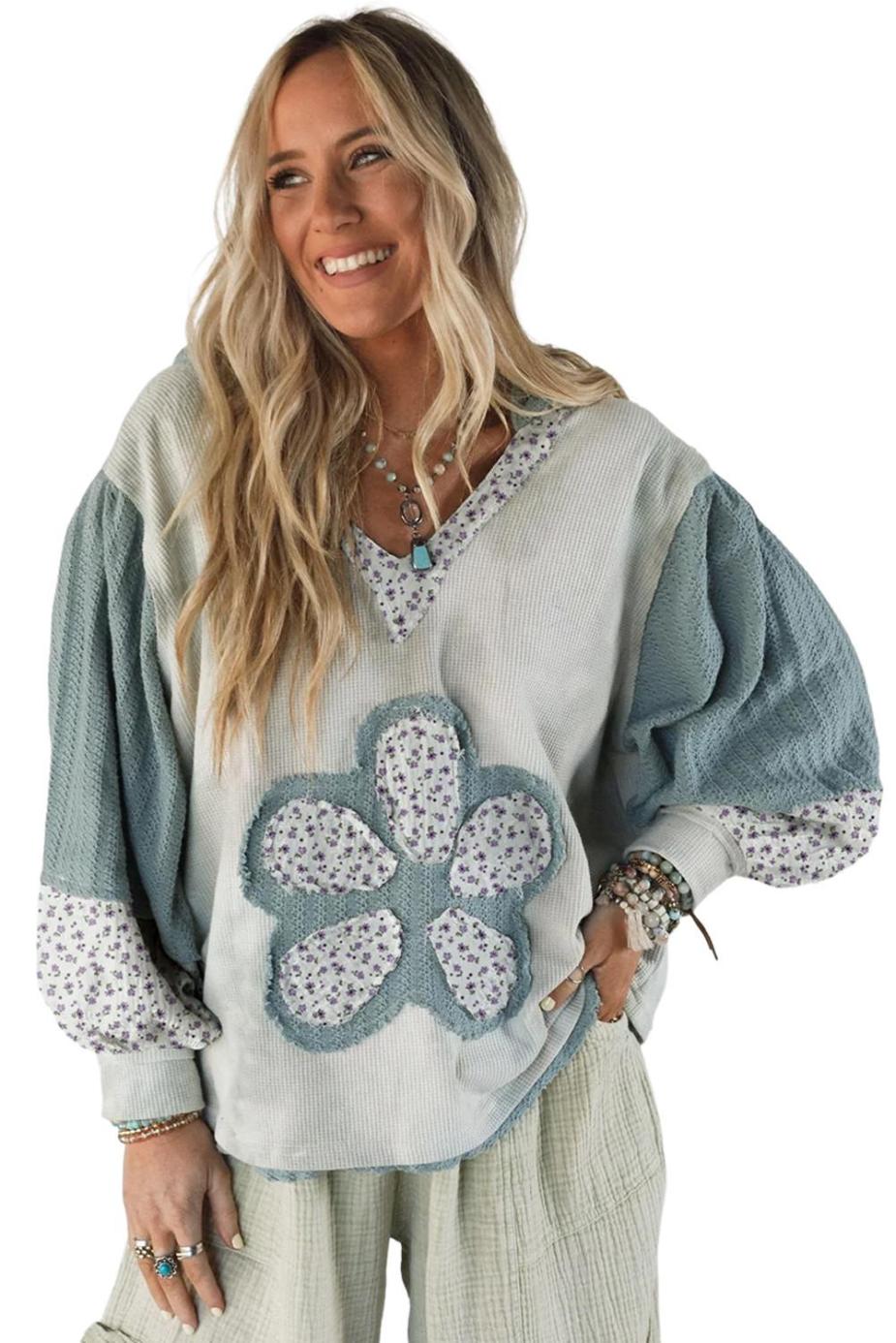 Long Sleeve Tops | Green Floral Textured Colorblock Patchwork Lantern Sleeve Hooded Top - Women