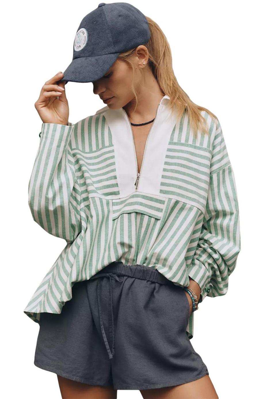 Long Sleeve Tops | Green Striped Zipper Collar Long Sleeve Top - Women