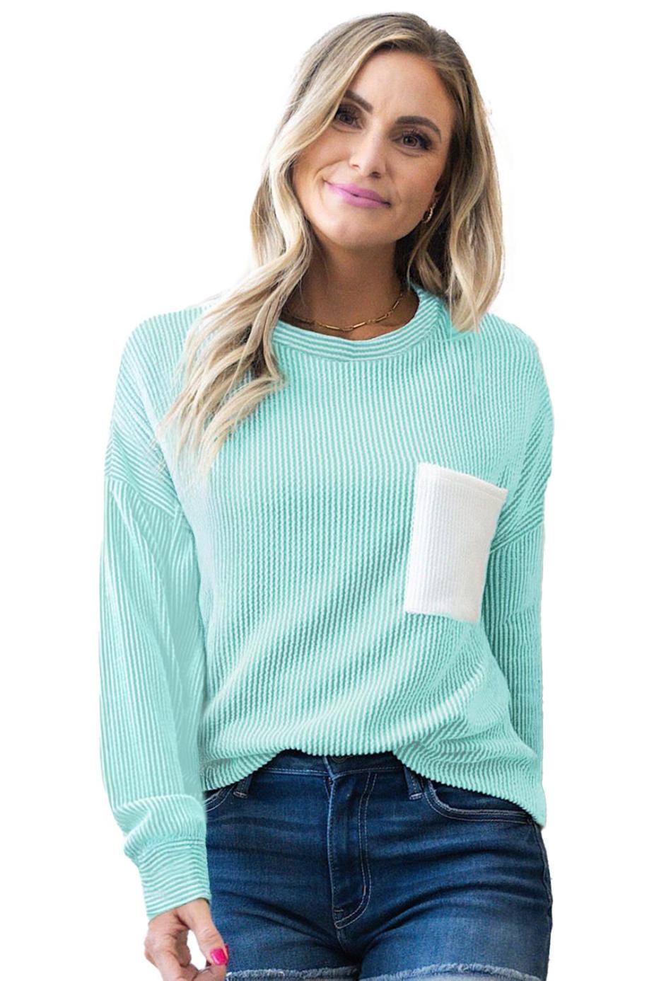Long Sleeve Tops | Iceland Blue Corded Rib Patched Pocket Long Sleeve Top - Women