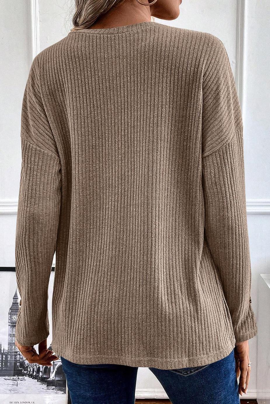 Long Sleeve Tops | Khaki Drop Shoulder Ribbed Knit Long Sleeve Henley Top - Women