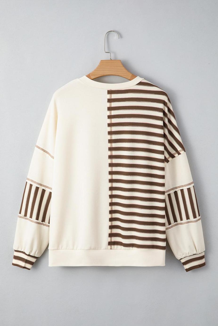Long Sleeve Tops | Khaki Striped Patchwork Oversized Pullover Top - Women