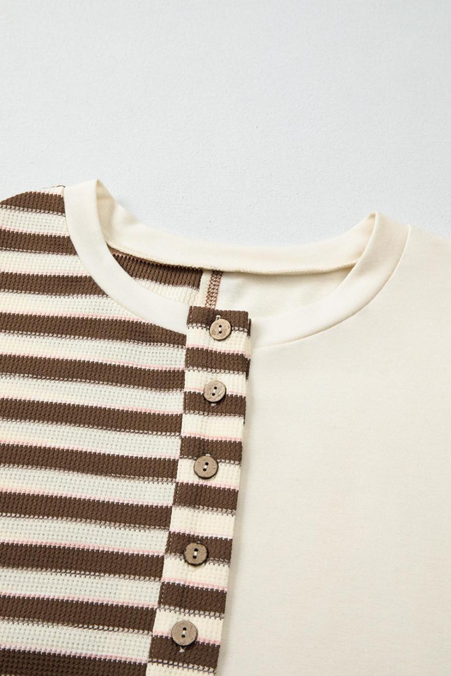 Long Sleeve Tops | Khaki Striped Patchwork Oversized Pullover Top - Women