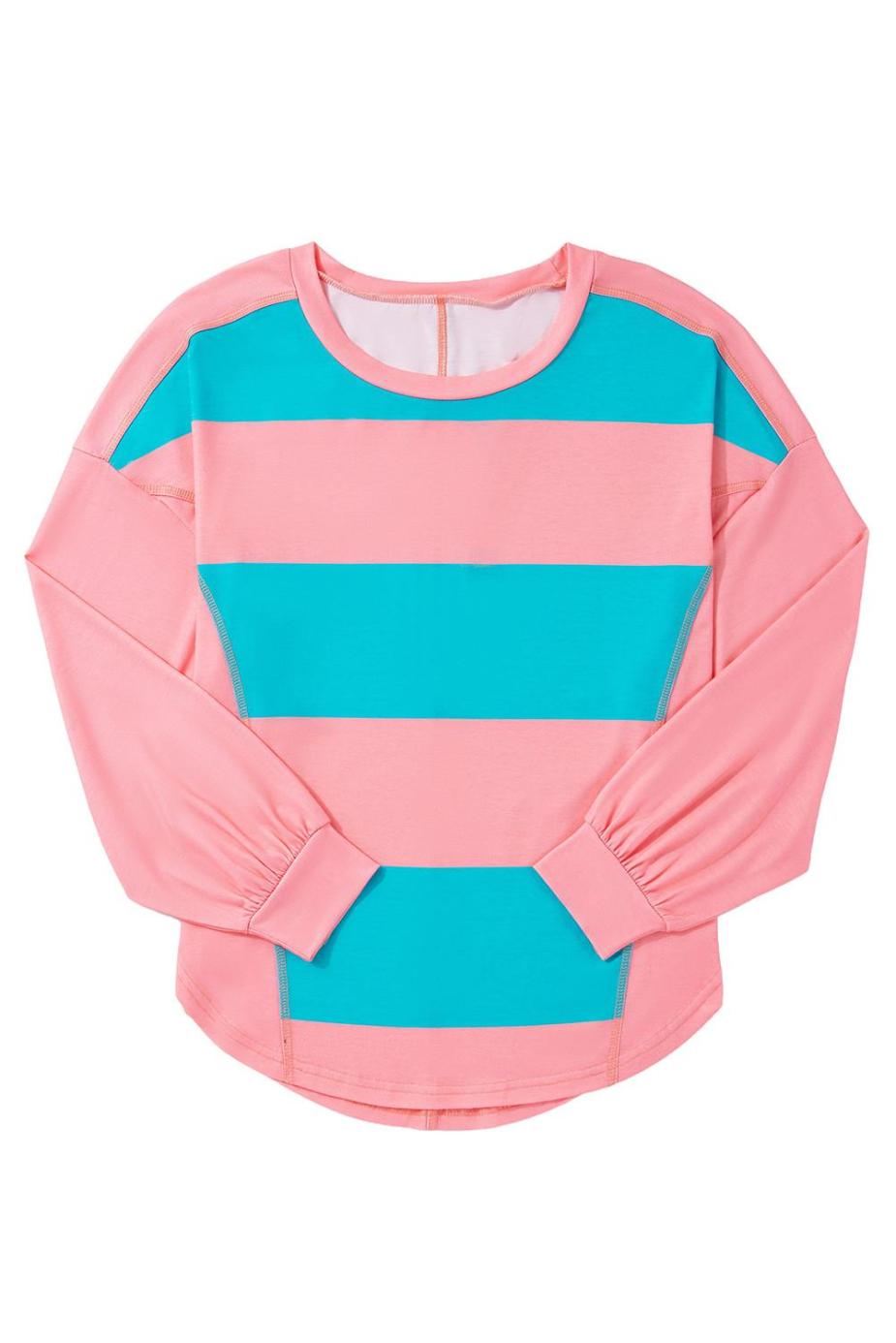 Long Sleeve Tops | Light Blue Colorblock Drop Sleeve Round Neck Top - Women