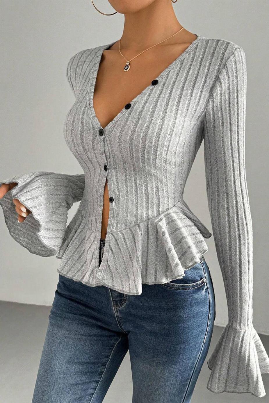 Long Sleeve Tops | Light Grey Slim Fit Ruffle Hem Ribbed Long Sleeve Top - Women