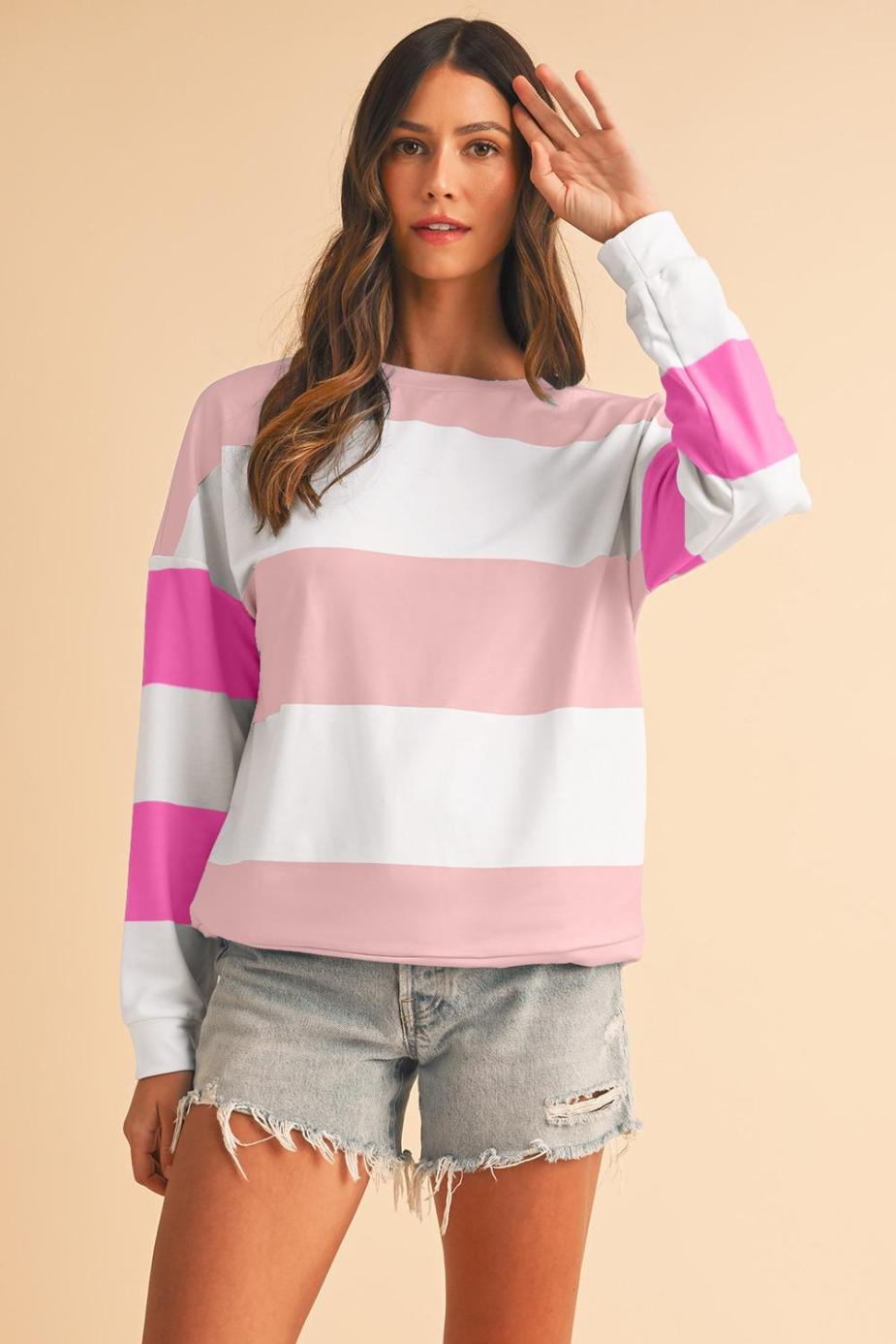 Long Sleeve Tops | Light Pink Colorblock Drop Sleeve Top - Women