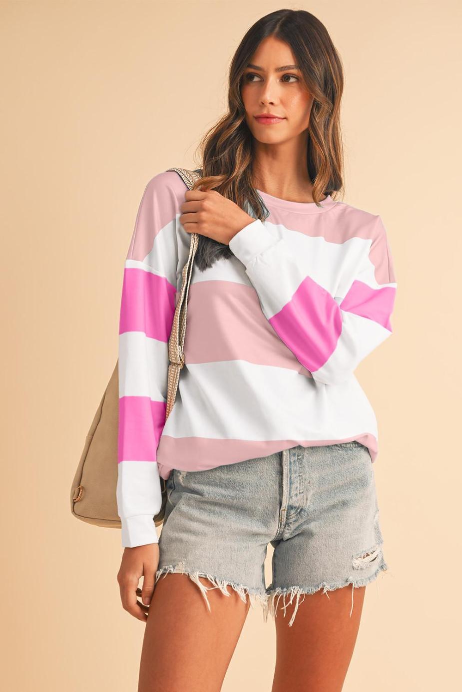 Long Sleeve Tops | Light Pink Colorblock Drop Sleeve Top - Women