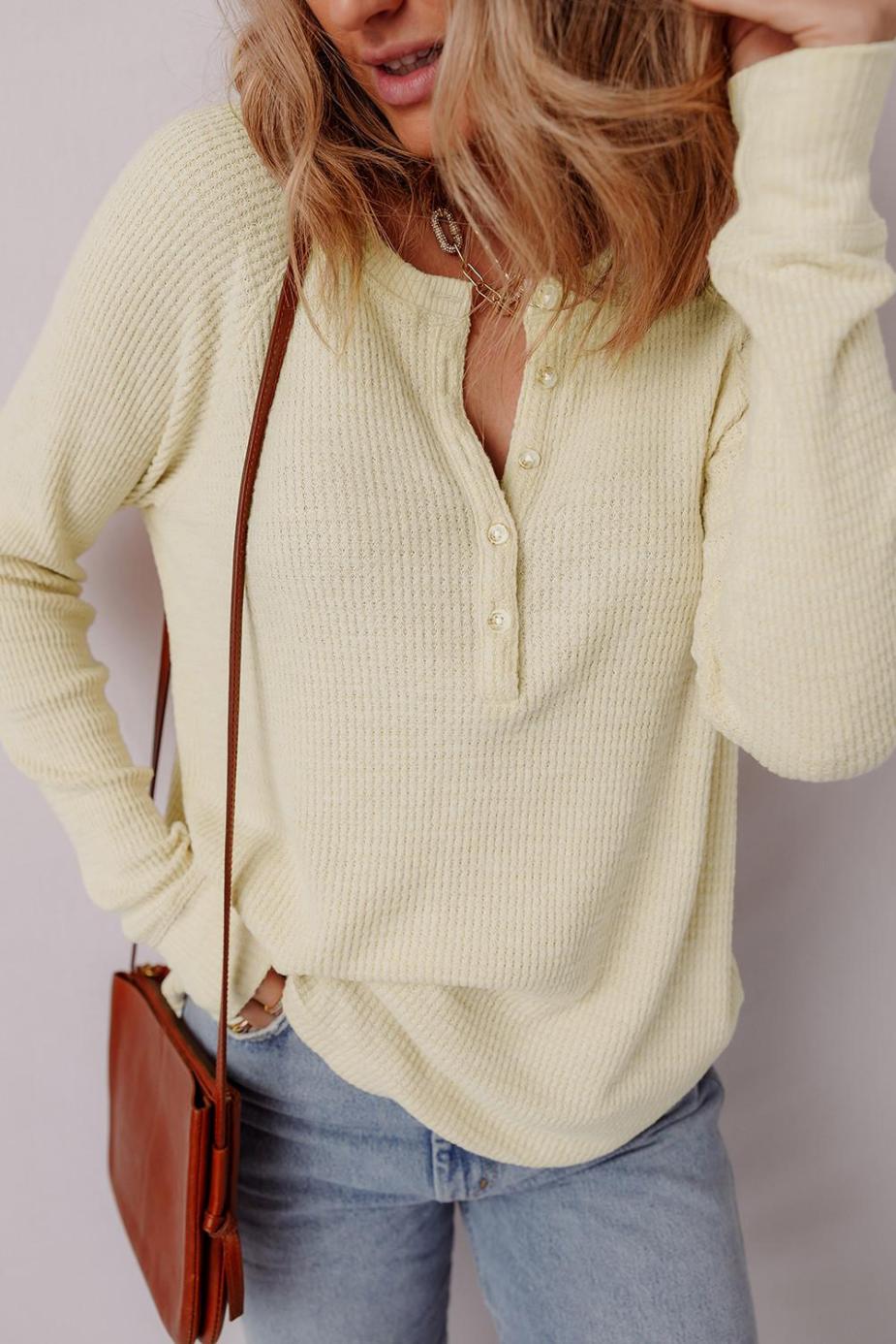 Long Sleeve Tops | Oatmeal Textured Knit Half Button Henley Top - Women
