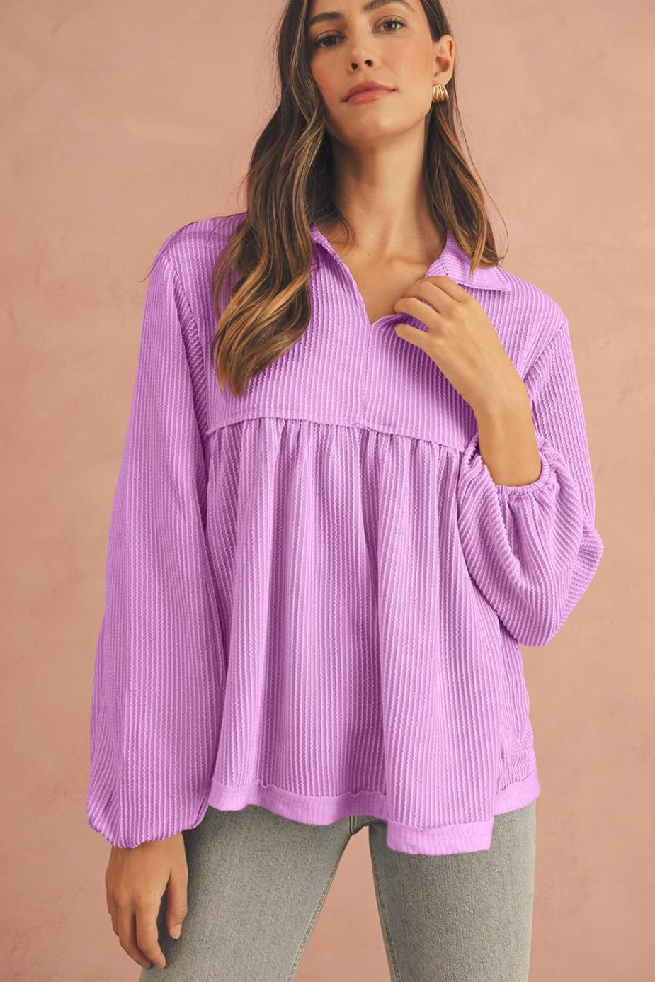 Long Sleeve Tops | Phalaenopsis Corded Turn-Down Collar Bubble Sleeve Babydoll Top - Women