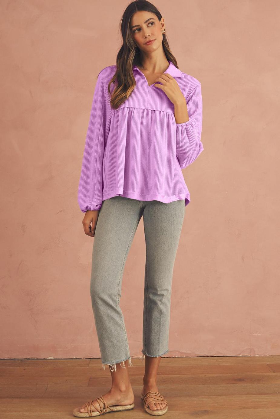 Long Sleeve Tops | Phalaenopsis Corded Turn-Down Collar Bubble Sleeve Babydoll Top - Women