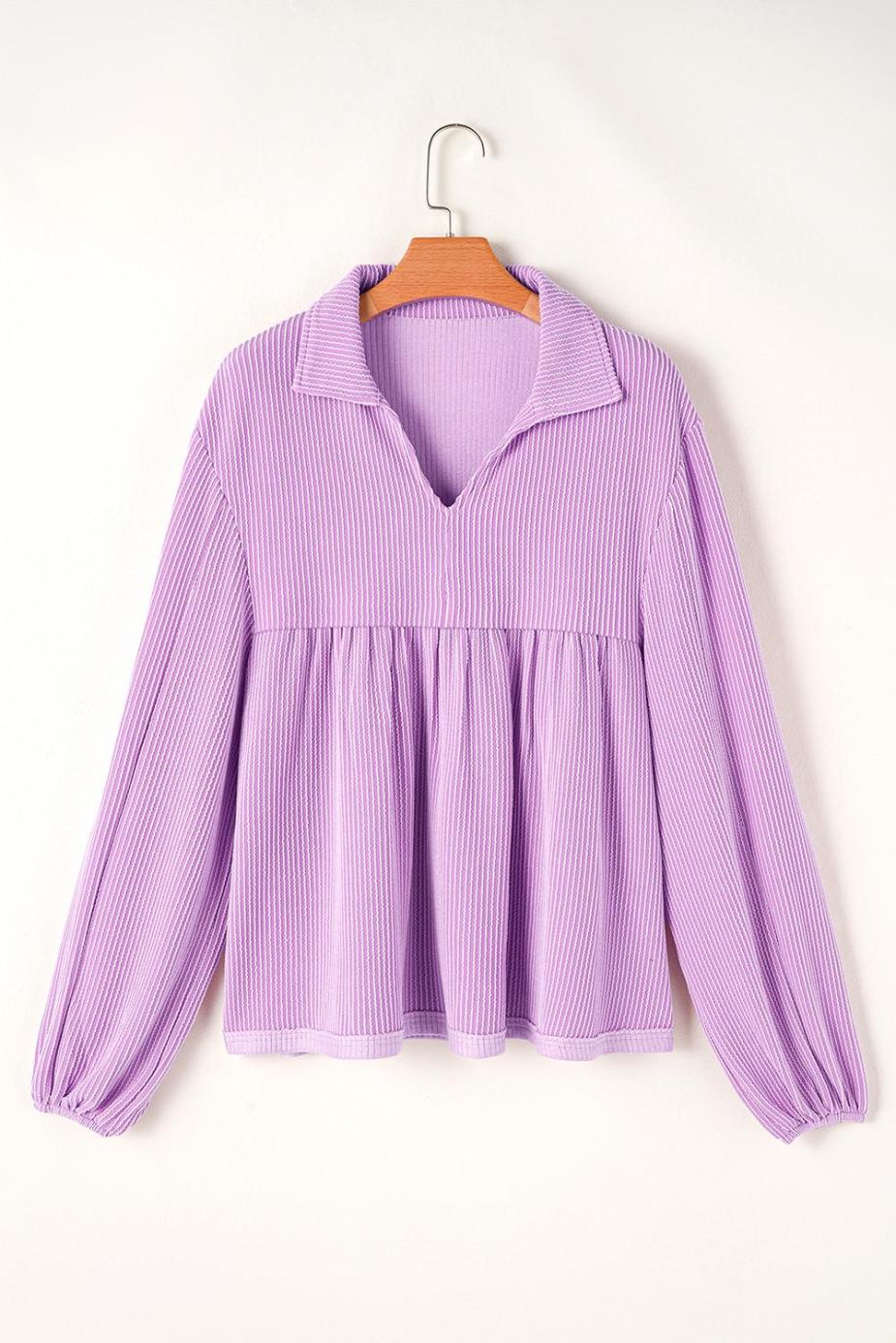 Long Sleeve Tops | Phalaenopsis Corded Turn-Down Collar Bubble Sleeve Babydoll Top - Women