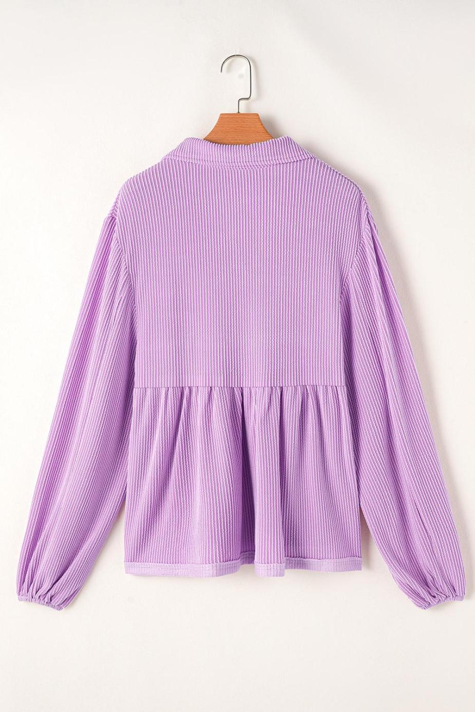 Long Sleeve Tops | Phalaenopsis Corded Turn-Down Collar Bubble Sleeve Babydoll Top - Women