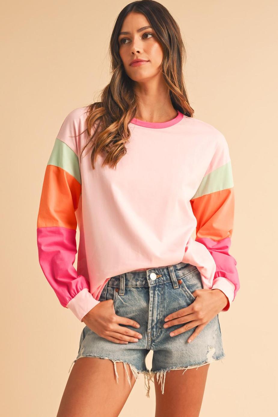 Long Sleeve Tops | Pink Color Block Sleeve Loose Fit Top - Women