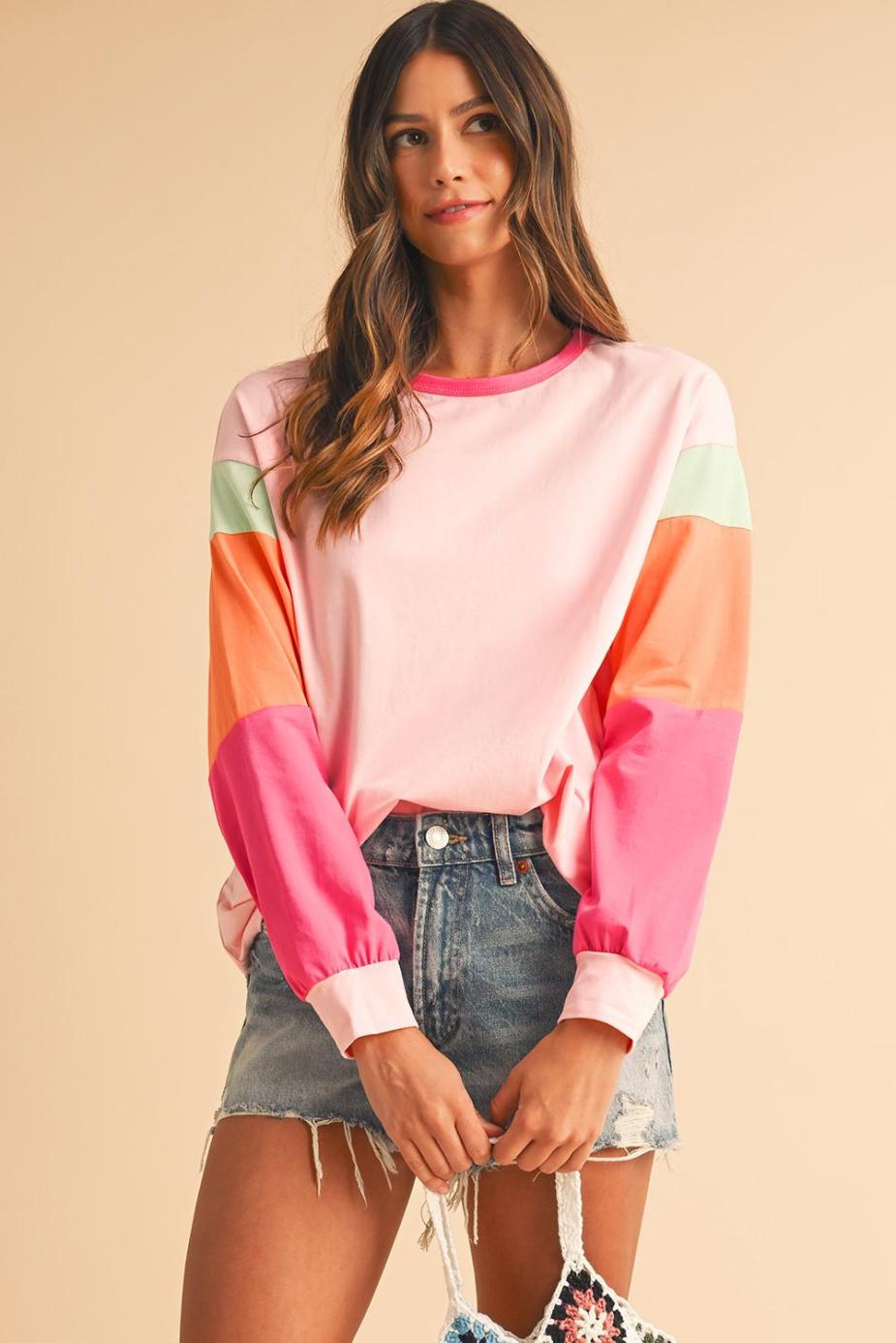 Long Sleeve Tops | Pink Color Block Sleeve Loose Fit Top - Women