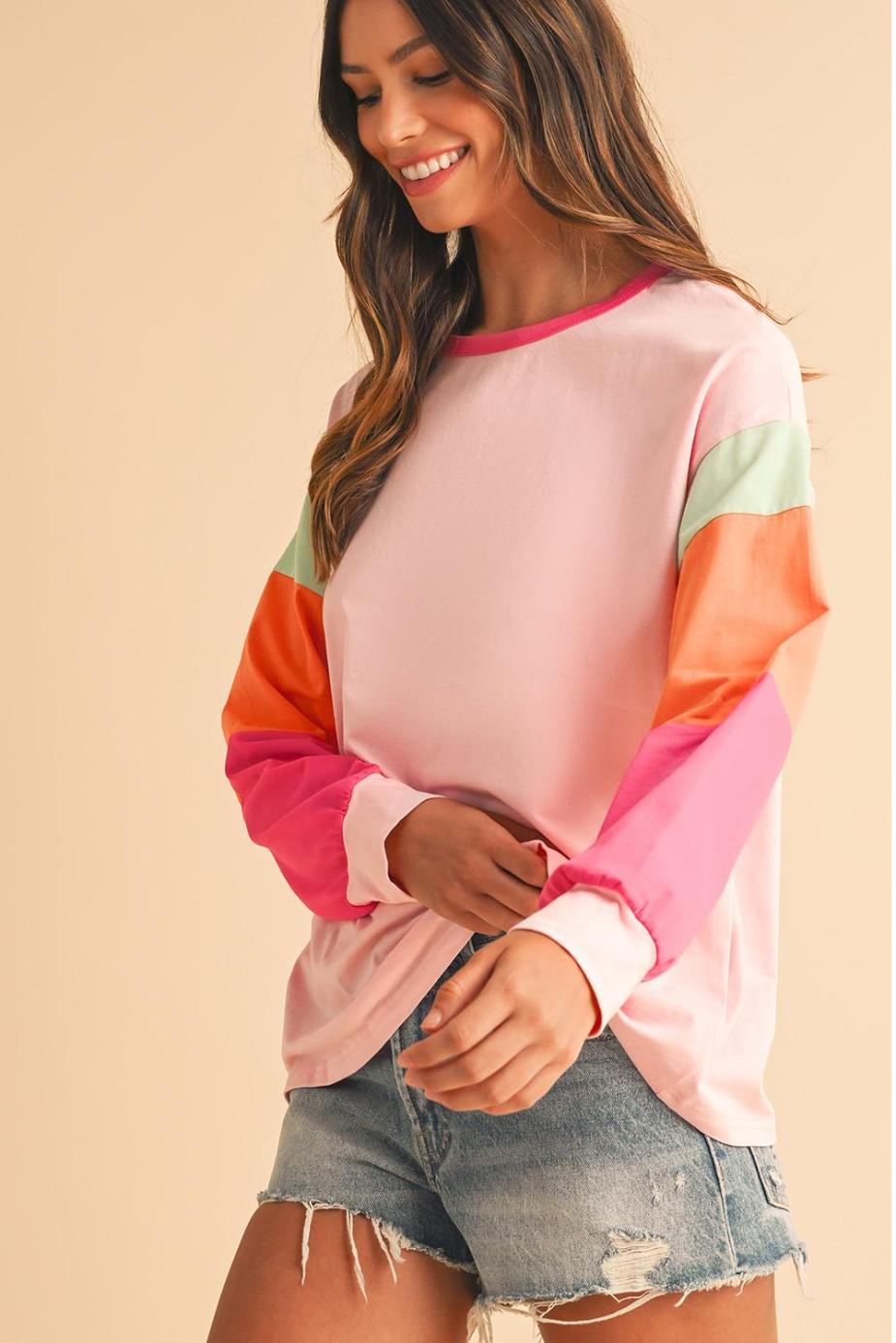 Long Sleeve Tops | Pink Color Block Sleeve Loose Fit Top - Women