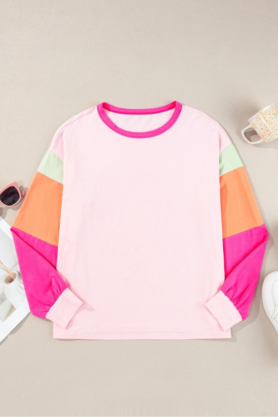 Long Sleeve Tops | Pink Color Block Sleeve Loose Fit Top - Women