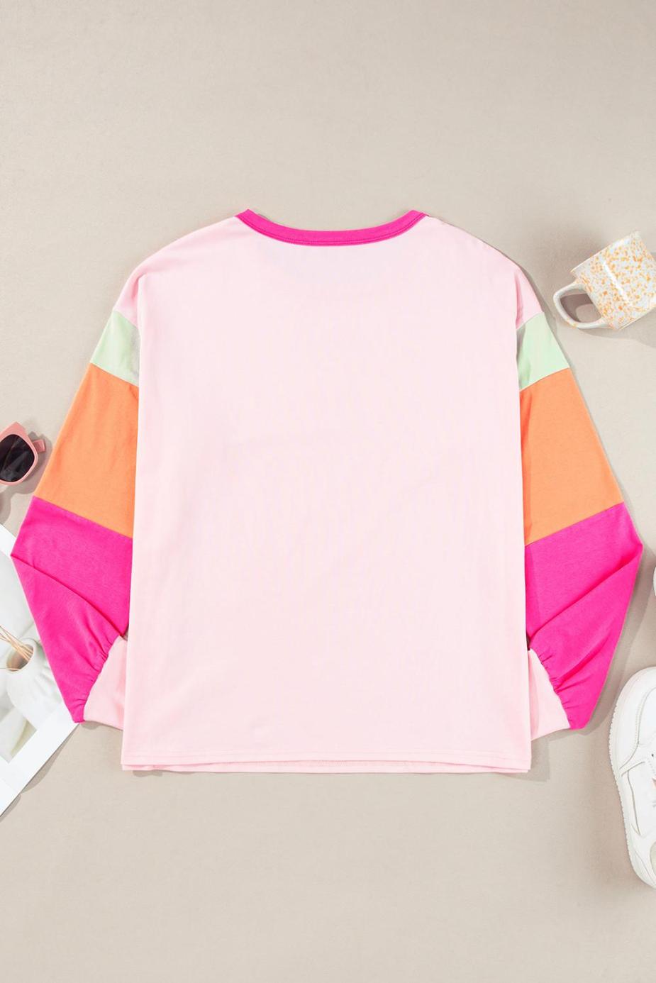 Long Sleeve Tops | Pink Color Block Sleeve Loose Fit Top - Women