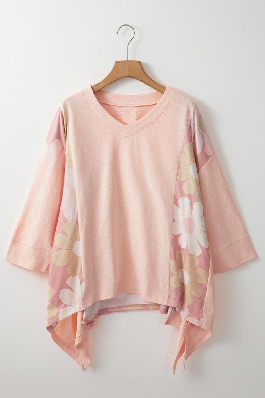 Long Sleeve Tops | Pink Patchwork 60S Flower V Neck Bracelet Sleeve Oversized Top - Women